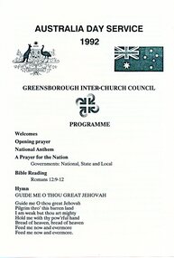 Programme - Leaflet, Greensborough Inter Church Council, Greensborough Interchurch Council. Australia Day Service 1992, 1992