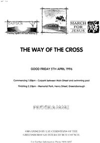 Programme - Booklet, Greensborough Inter Church Council, Greensborough Interchurch Council. The way of the cross. Good Friday 05/04/1996, 05/04/1996
