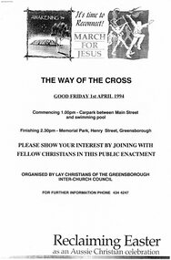 Programme - Booklet, Greensborough Inter Church Council, Greensborough Interchurch Council. The way of the cross. Good Friday 01/04/1994, 01/04/1994