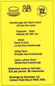 Flyer - Leaflet, Greensborough Inter Church Council, Greensborough Interchurch Council. Progressive dinner 06/11/1998, 06/11/1998