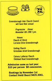 Flyer - Leaflet, Greensborough Inter Church Council, Greensborough Interchurch Council. Progressive dinner 06/11/1998, 06/11/1998