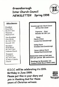 Pamphlet - Newsletter, Greensborough Inter Church Council, Greensborough Interchurch Council Newsletter. Spring 1998, 1998