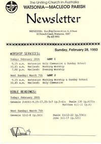 Pamphlet - Newsletter, Greensborough Inter Church Council, Watsonia-Macleod Uniting Church Newsletter. 28/02/1993, 28/02/1993