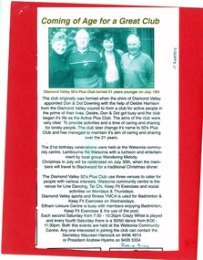 Newspaper Clipping, Watsonia Traders Association, Coming of age for a great club: Diamond Valley 50's Plus Club, 2005c