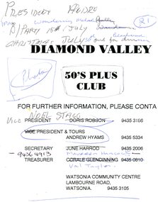 Leaflet, Watsonia Traders Association, Diamond Valley 50's Plus Club, 2005c