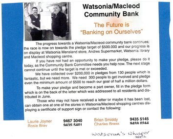 Article - Newspaper Clipping, Watsonia Traders Association, Watsonia Macleod Community Bank: The future is "Banking on Ourselves", 2002-2003