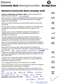 Document - Media Release, Rosie Bray, Watsonia Community Bank campaign status, 2002-2003