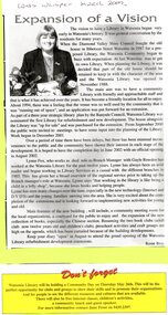 Article - Newspaper Clipping (copy), Watsonia Traders Association, Expansion of a vision: Watsonia Library, 05/07/2003