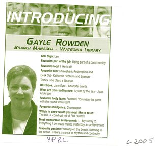 Article - Newspaper Clipping, Watsonia Traders Association, Introducing Gayle Rowden, Branch Manager, Watsonia Library, 2005