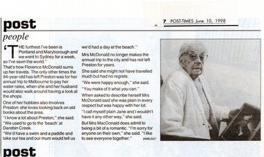 Article - Newspaper Clipping, Preston Post-Times, Post People [Florence McDonald], 10/06/1998