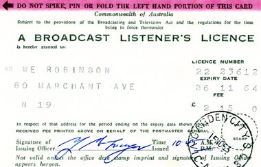 Document - Licence, Postmaster General's Department, Broadcast Listener's Licence 1964, 26/11/1964