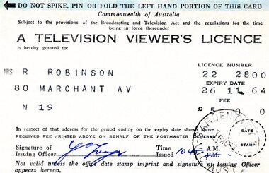 Document - Licence, Postmaster General's Department, Television Viewer's Licence 1964, 26/11/1964