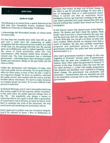 Article, Recorder: the official newsletter of the Labour History Society, Tribute to John Cain by Andrew Leigh, 2020_03