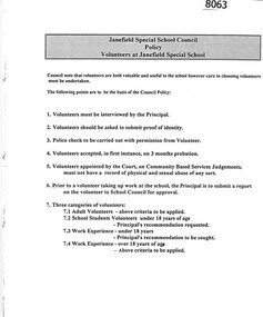 Document - Policy, Janefield Special School, Janefield Special School: Policy - Volunteers at Janefield, 1990s