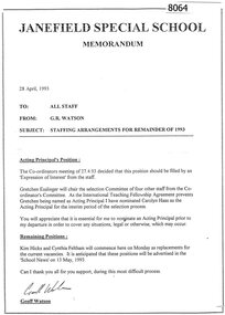 Document - Memorandum, Janefield Special School, Janefield Special School: Policy - Staffing arrangements ... 1993, 28/04/1993