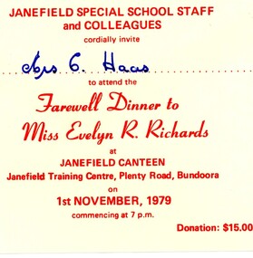 Document - Invitation, Janefield Special School, Invitation to Farewell Dinner 1979, 01/11/1979