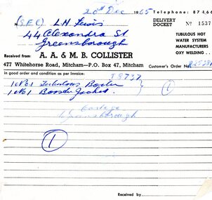 Administrative record - Delivery docket, A. A. & M. B. Collister, 20/12/1965