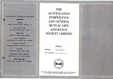 Document - Insurance policy, Australasian Temperance and General Mutual Life Assurance Society Limited, Policy no. V211952/7, 01/05/1967