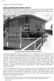 Document - Pamphlet, Rosie Bray et al, Seen in the passing: Watsonia (Methodist) Uniting Church, by Rosie Bray; Editorial comment by Robert Renton, 2021