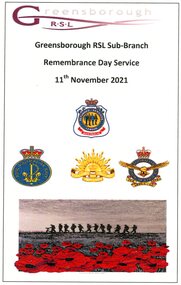 Pamphlet, Greensborough RSL Sub-branch, Remembrance Day Service 11th November 2021: Greensborough RSL Sub-branch, 11/11/2021