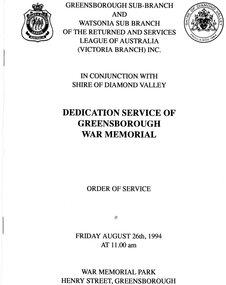 Booklet, Shire of Diamond Valley et al, Dedication service of Greensborough War Memorial: Order of service, 26/08/1994