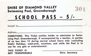 Card - Ticket, Shire of Diamond Valley, Shire of Diamond Valley Swimming Pool Greensborough. School Pass, 1970c