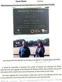 Article - Article and Leaflet, Rosie Bray et al, Official opening of the Binnak Park redevelopment on Saturday March 26 2022, July 2020 , November 2021 and March 2022