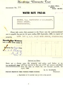 Financial record - Account, Hurstbridge Waterworks Trust, Hurstbridge Waterworks Trust water rate assessment 1965-66, 13/05/1965
