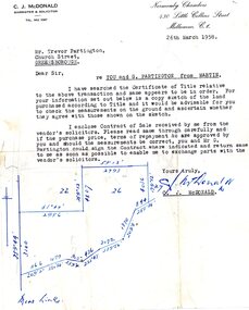 Legal record - Letter, C. J. McDonald, C.J. McDonald to Trevor Partington 1958, 26/03/1958