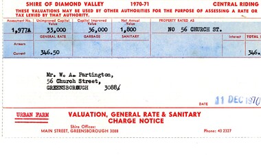 Financial record - Account, Shire of Diamond Valley, Shire of Diamond Valley rates notices 1970-1971, 26/03/1958