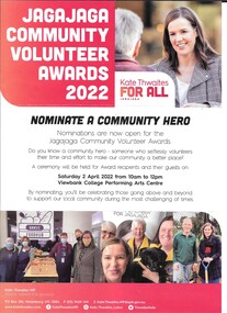 Flyer - Leaflet, Kate Thwaites MP, Jagajaga community volunteer awards 2022, 2022