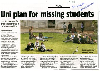 Article - Newspaper Clipping, Anthony Piovesan, Uni plan for missing students, 26/02/2020