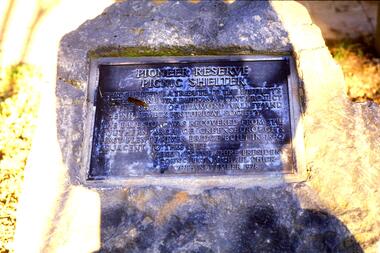 Slide - Photograph, John Ramsdale, Pioneer Reserve Picnic Shelter - Plaque: Slide 23, 1990s