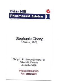 Business Card, Briar Hill Pharmacist Advice, 2019c