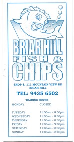 Menu and Fridge Magnet, Briar Hill Fish and Chips, Briar Hill Fish & Chips, 2018c