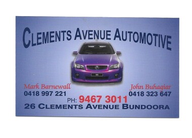 Business Card, Clements Avenue Automotive, Bundoora, 2018c