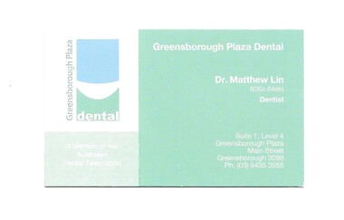 Business Card, Greensborough Plaza Dental, 2018