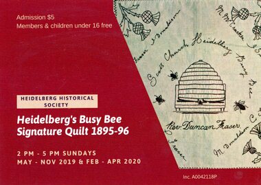 Card, Heidelberg Historic Society, Heidelberg's Busy Bee Signature Quilt 1895-96, 2019