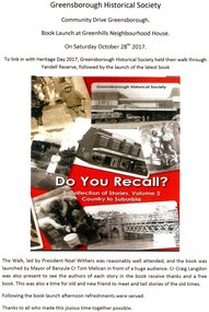 Document - Documents and photographs, Greensborough Historical Society, GHS Heritage Day 2017, 2017
