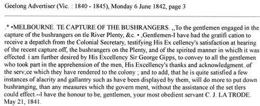 Article - Newspaper Clipping (copy), Geelong Advertiser et al, Melbourne: the capture of the bushrangers, by C. J. La Trobe 1842, 06/06/1842