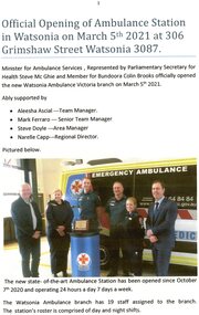 Document - Report, Rosie Bray, Official opening of ambulance station in Watsonia 2021, 2021