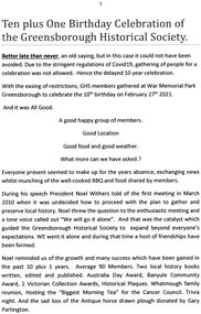 Document - Report, Rosie Bray, Ten plus one birthday celebration of the Greensborough Historical Society, 2021_02
