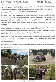 Document - Report, Rosie Bray, Lest we forget 2021, 2021_04