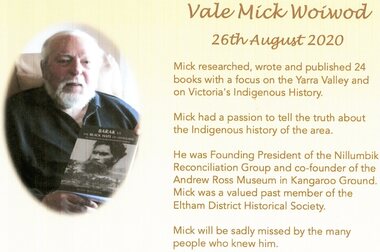 Document - Eulogy, Eltham District Historical Society, Vale Mick Woiwod, 2020