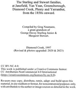 Document - Family History, Greg Neumann, The Starling and Stewart families at Janefield, Yan Yean, Greensborough, Diamond Creek, Plenty and Yarrambat, from the late 1850s onward, compiled by Greg Neumann, 2023