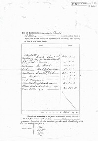 Document - Financial Record, List of contributors to the erection of a Church at St Helena [1870], 26/12/1870