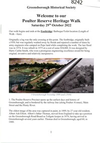 Booklet, Greensborough Historical Society, Poulter Reserve Heritage Walk, 29/10/2022