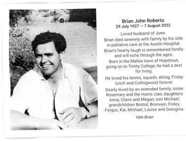 Card - Bereavement Card, Brian John Roberts, 1927-2022, 2022