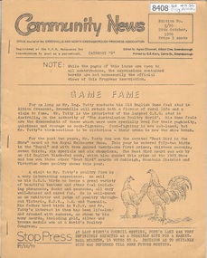 Newsletter, Greenhills and North Greensborough Progress Association, Community News: official journal of the Greenhills and North Greensborough Progress Association. 29th October 1970. Edition No. 9/70, 29/10/1970