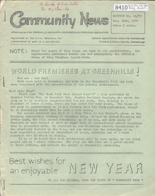 Newsletter, Greenhills and North Greensborough Progress Association, Community News: official journal of the Greenhills and North Greensborough Progress Association. 28 Dec. 1970. Edition No. 11/70, 28/12/1970